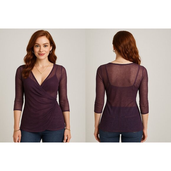 Sweet Pea Top  by Stacy Frati Sheer Deep Ruched Wrap Purple 3/4 Sleeves  Size M - Picture 1 of 7